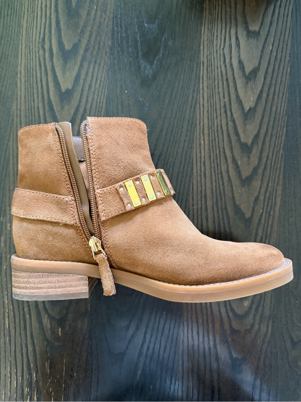 Nine West Tan Suede Ankle Boot with Gold Stud Accent